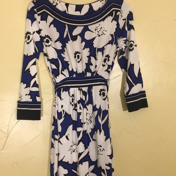 NY&CO dress floral 3/4 sleeve tie belt blue aline XS - Picture 2 of 14